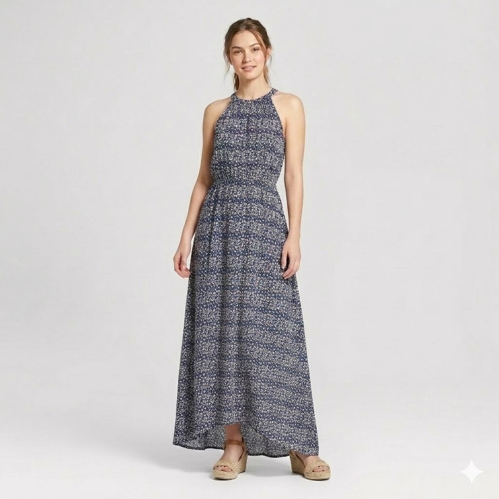 a.n.a Maxi Dress Womens Medium Navy Blue Floral Halter High Low Sleeveless